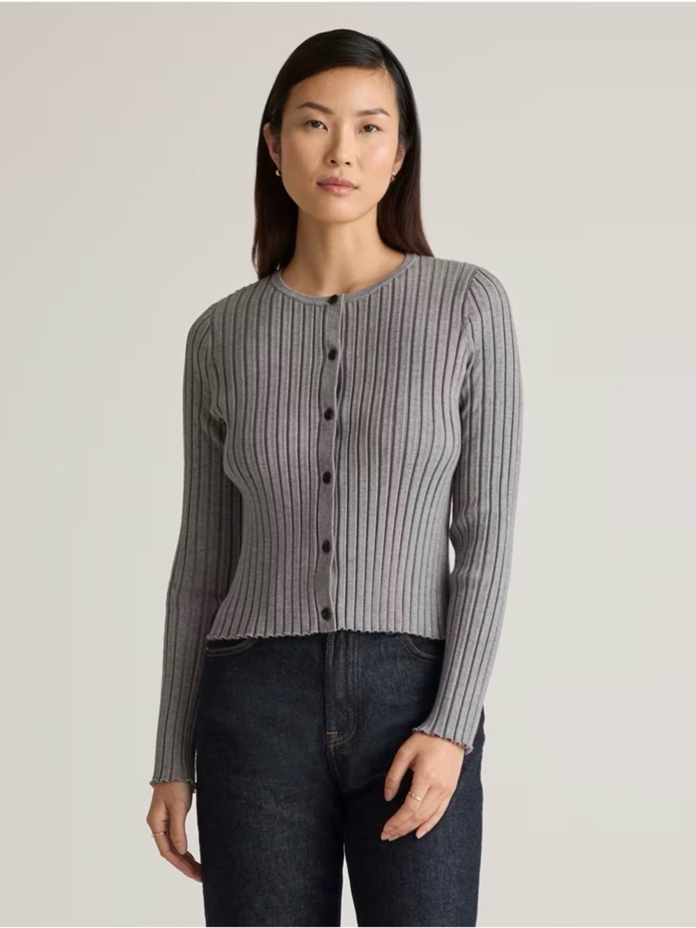 Quince Gray Ribbed Button-Front Cardigan - Picture 2 of 6